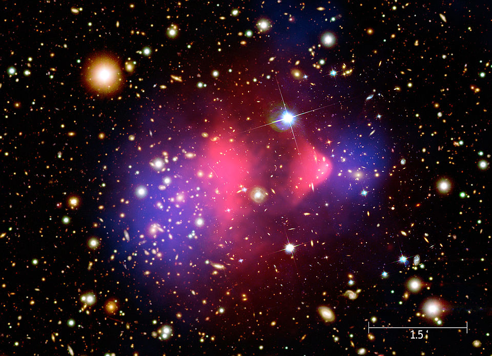 Composite image of the Bullet Cluster showing visible galaxies, pink X-ray-emitting gas, and blue gravitational lensing mass map indicating dark matter distribution