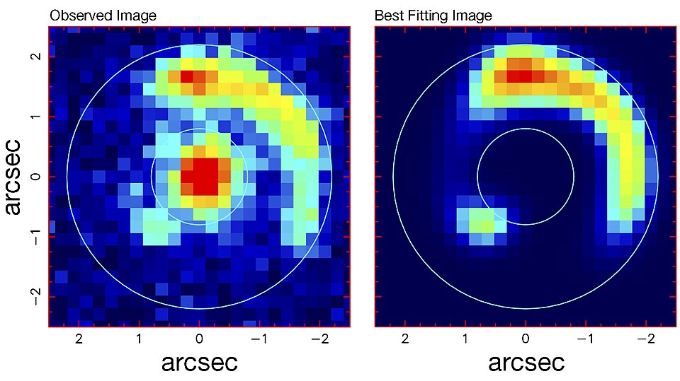 Einstein ring formed by gravitational lensing of a distant galaxy into a nearly complete ring of light