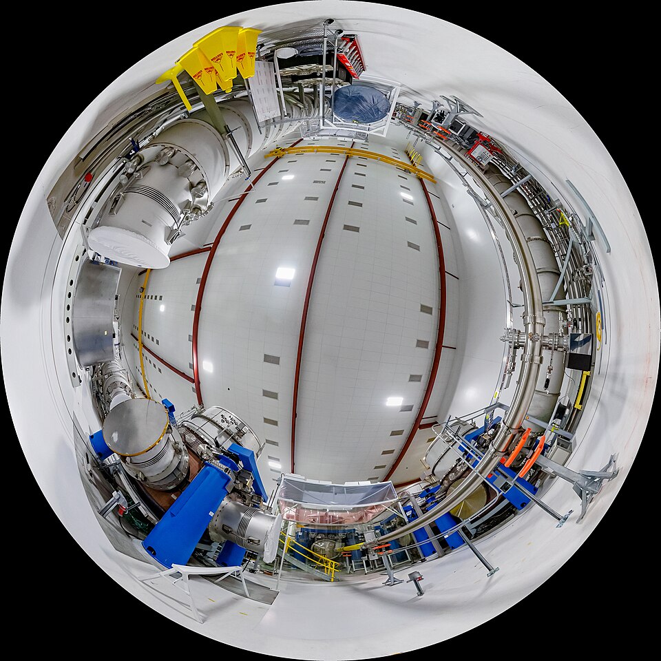 Panoramic view inside the LIGO interferometer at Hanford, Washington, showing the laser beam path and mirror suspensions