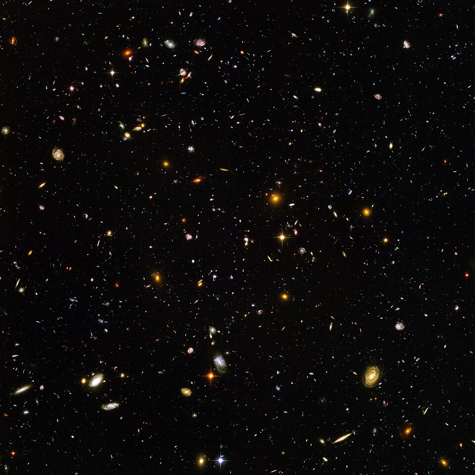 The Hubble Ultra Deep Field, showing approximately 10,000 galaxies across billions of light-years
