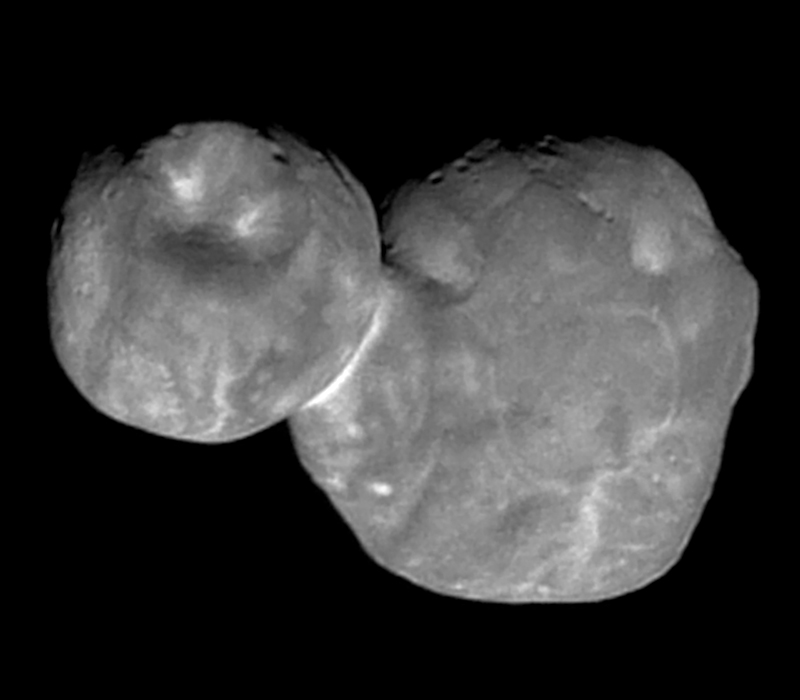 New Horizons image of Arrokoth (2014 MU69), a contact binary Kuiper belt object showing two joined lobes resembling a flattened snowman