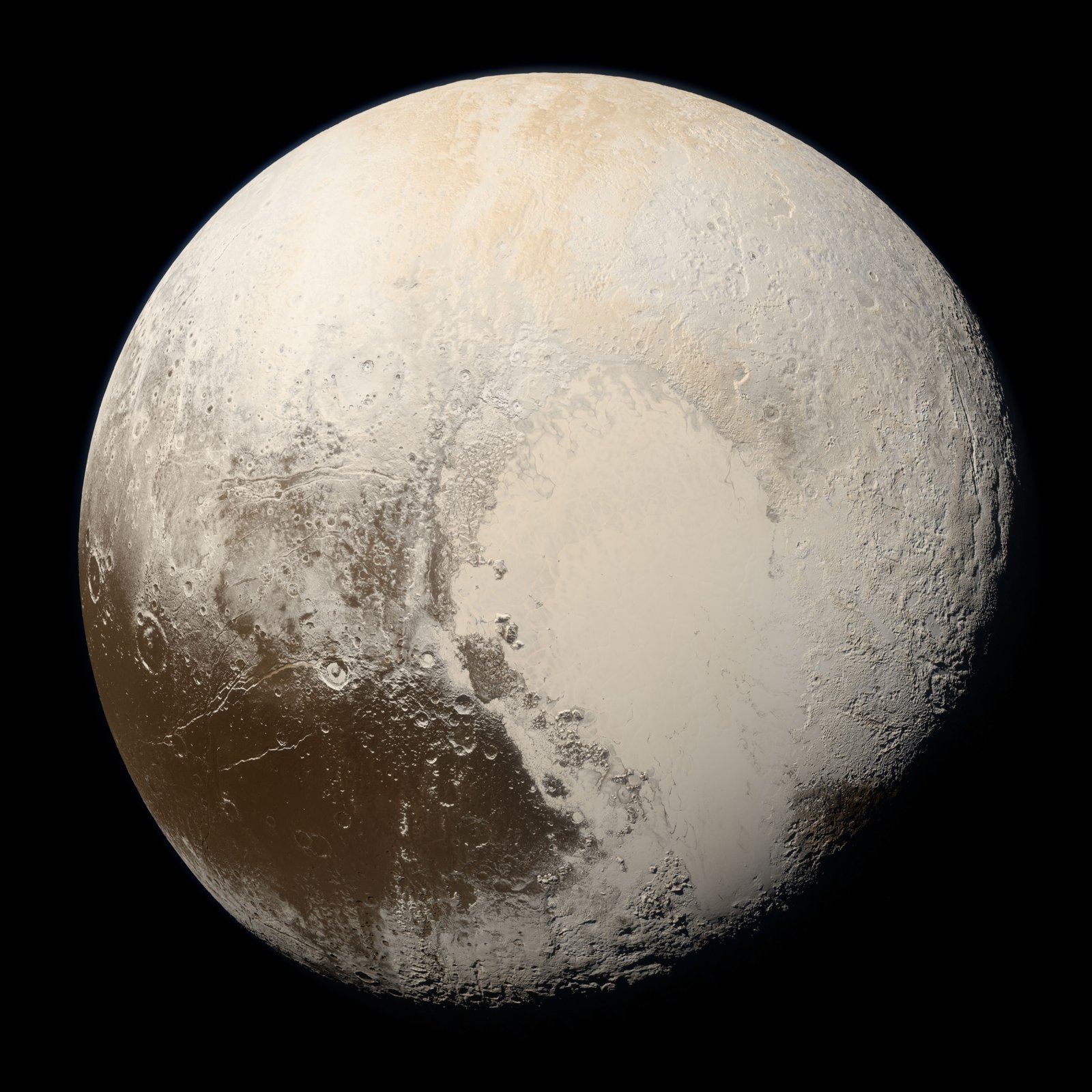 True-colour image of Pluto taken by NASA's New Horizons spacecraft on 14 July 2015, showing the heart-shaped Sputnik Planitia ice plain