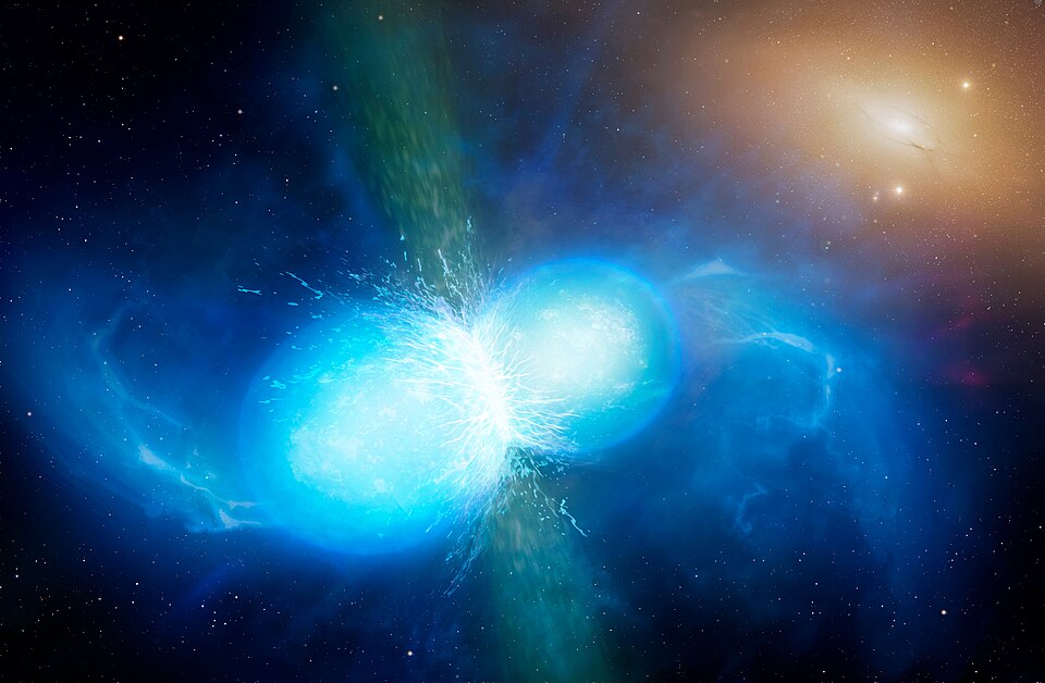 Artist's impression of two neutron stars merging, producing a kilonova and gravitational waves