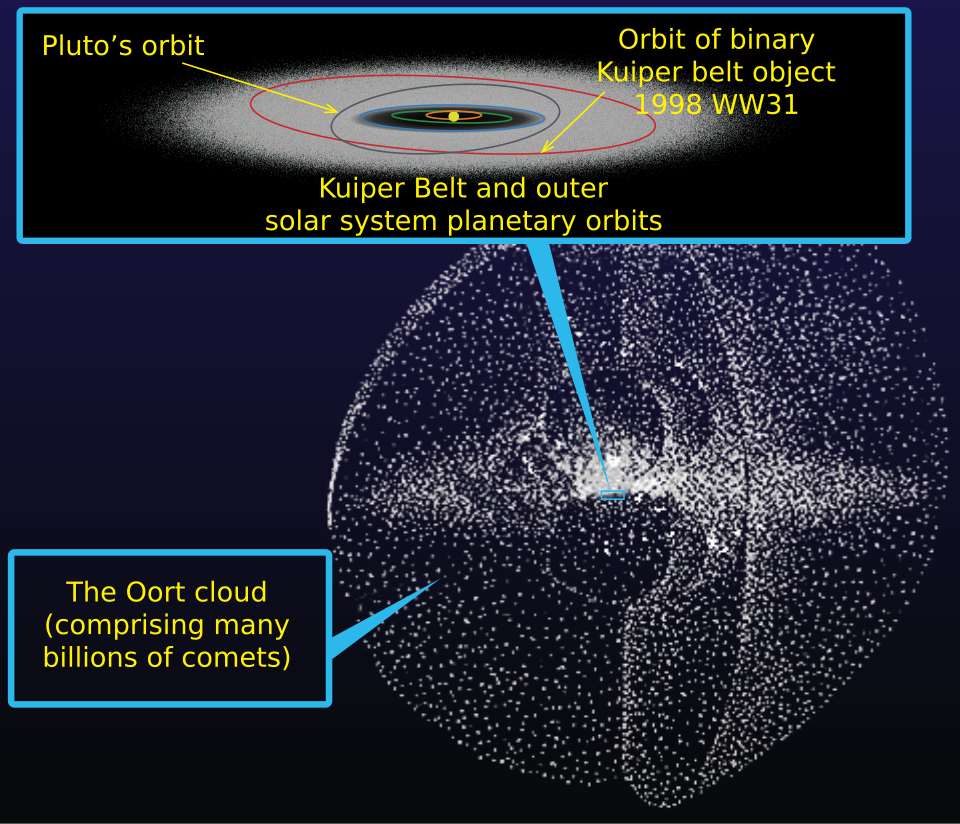 Diagram of the Kuiper belt and Oort cloud surrounding the solar system, with the inner Oort cloud as a flattened torus and the outer Oort cloud as a sphere