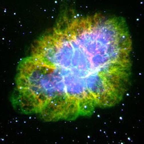 The Crab Nebula, remnant of a supernova that produced the Crab Pulsar
