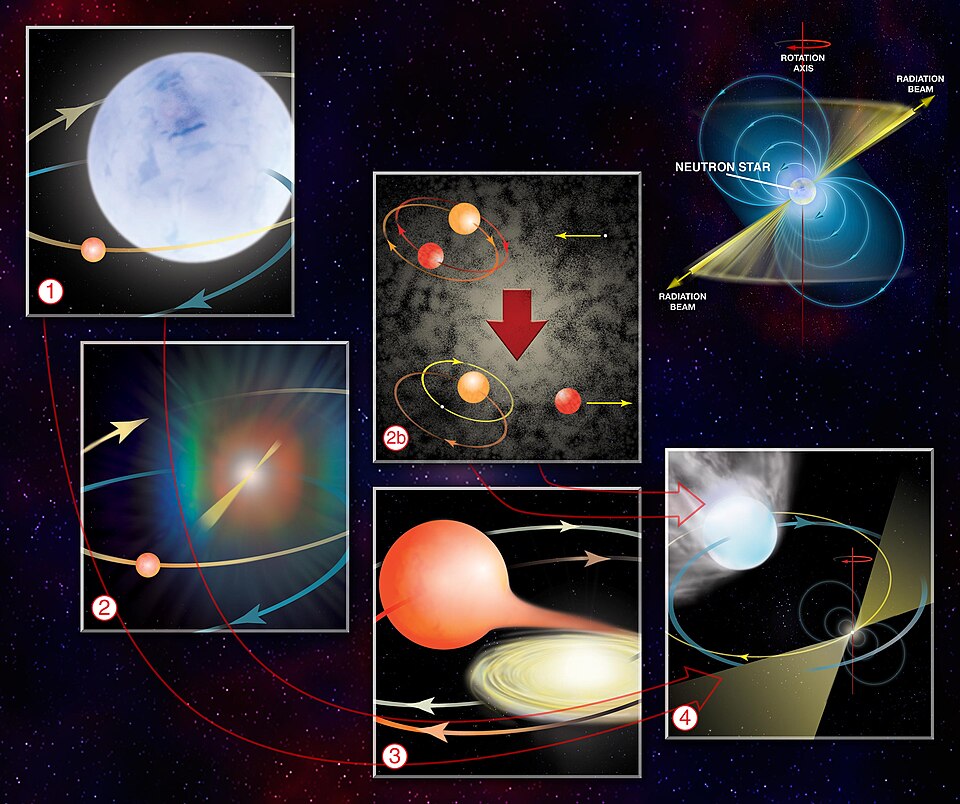 Diagram showing the evolutionary pathway from a binary star system to a recycled millisecond pulsar