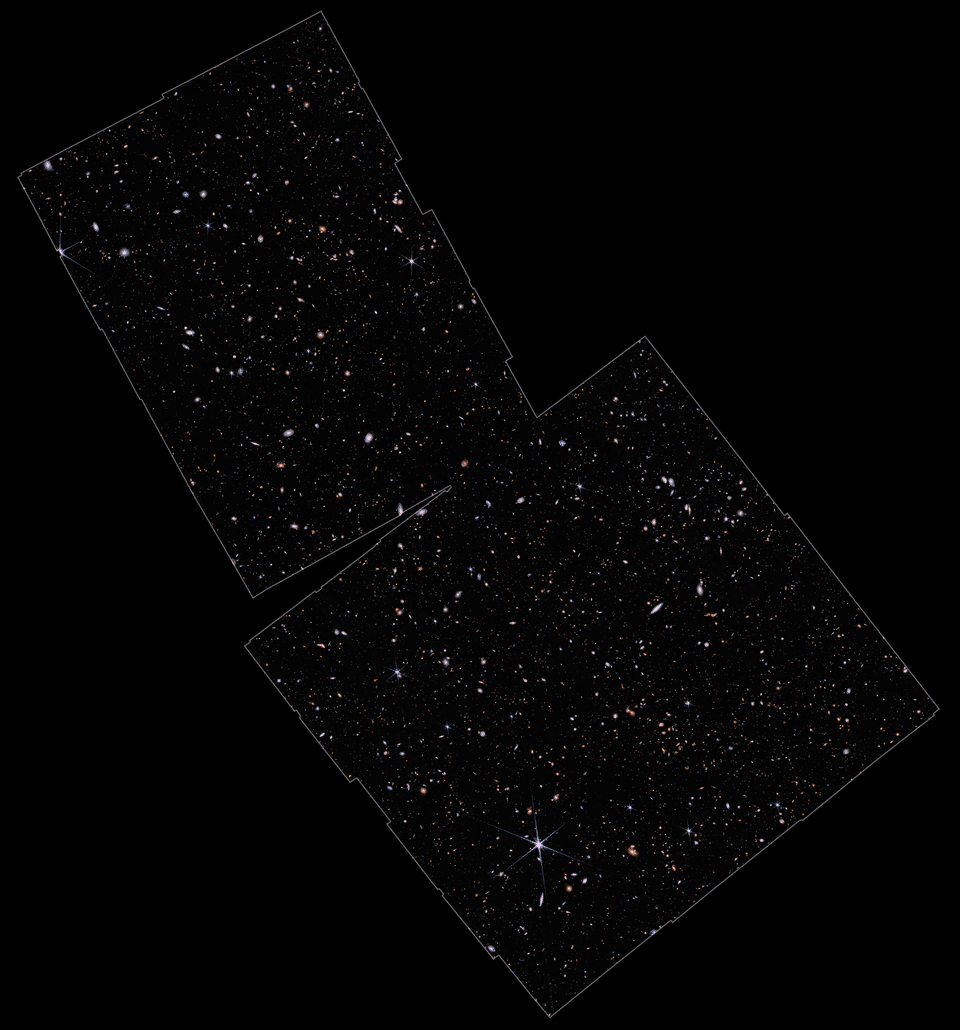 JWST JADES deep field image showing thousands of distant galaxies observed in infrared wavelengths