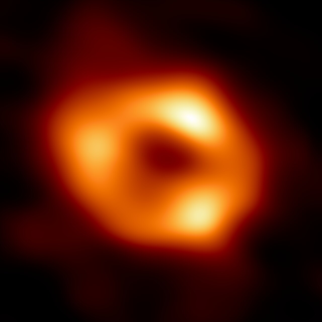 This is the first image of Sgr A*, the supermassive black hole at the centre of our galaxy. It’s the first direct visual evidence of the presence of t