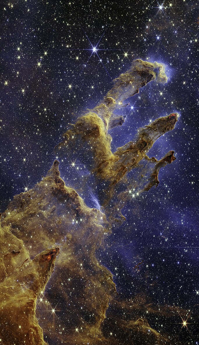 The Pillars of Creation in the Eagle Nebula imaged in near-infrared light by the James Webb Space Telescope