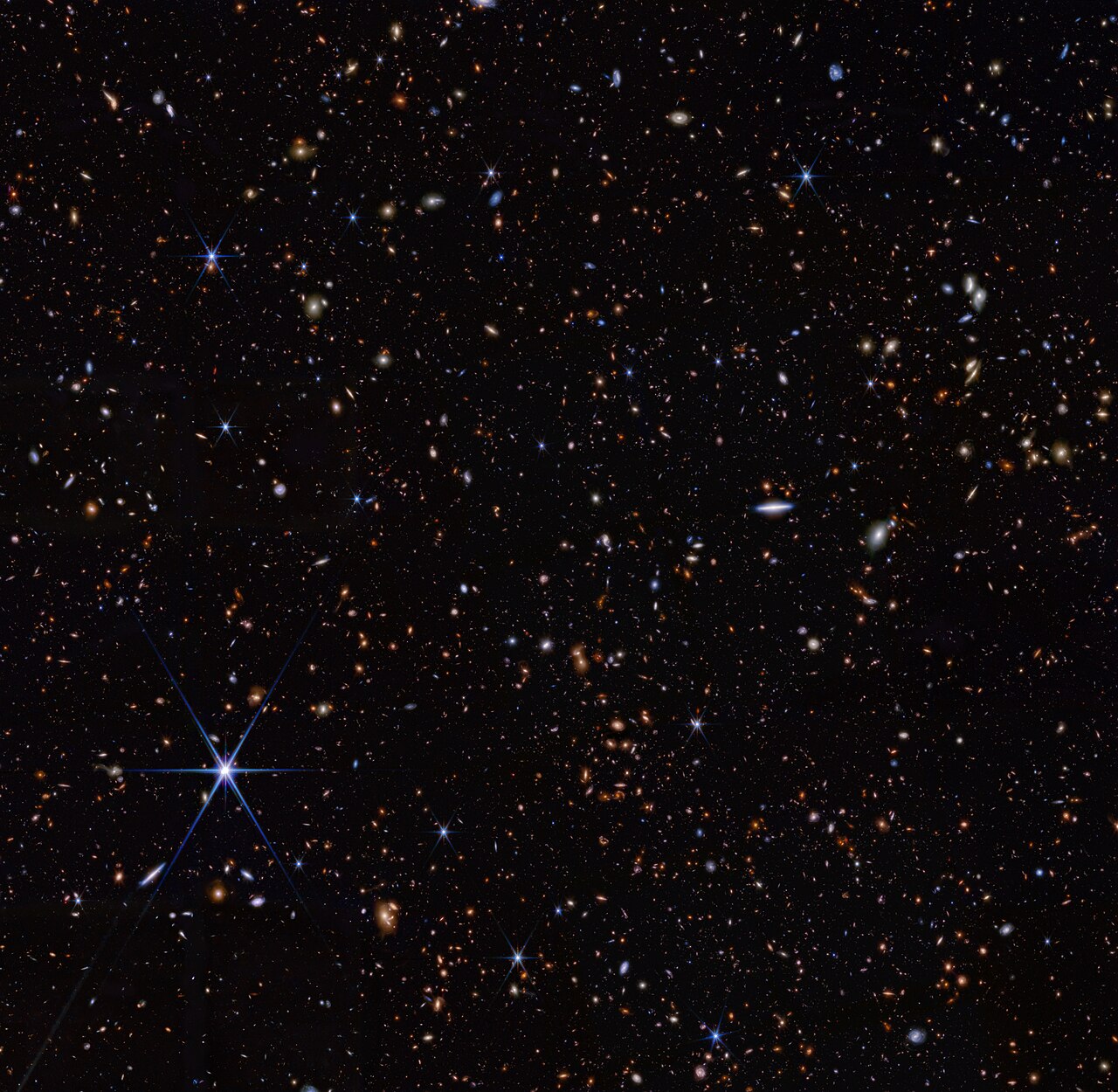 James Webb Space Telescope NIRCam image of the field around JADES-GS-z14-0, the most distant known galaxy observed only 290 million years after the Big Bang