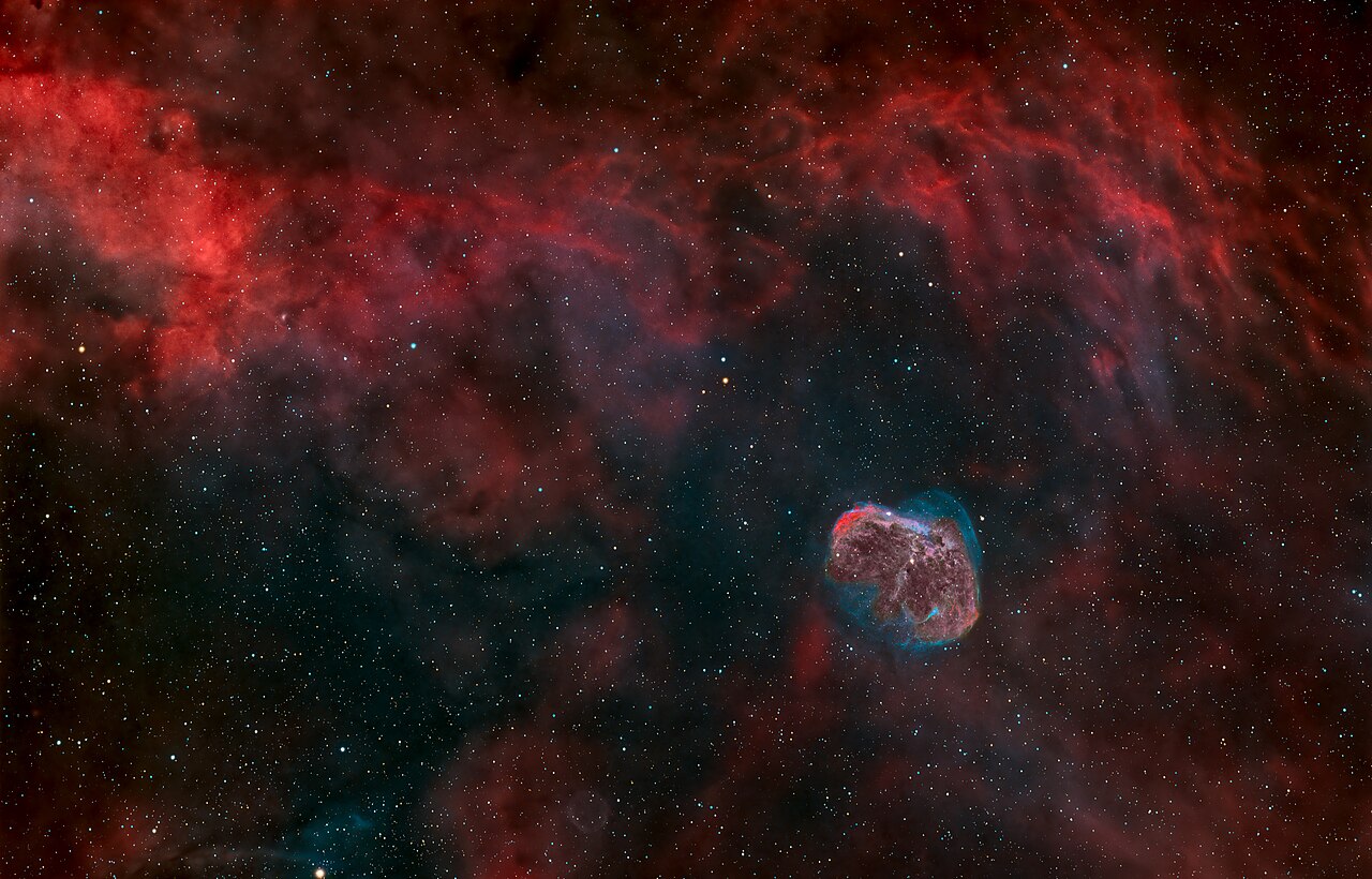 NGC 6888, the Crescent Nebula, is an emission nebula located in the constellation of Cygnus. Discovered in 1792 by the German-British astronomer Willi