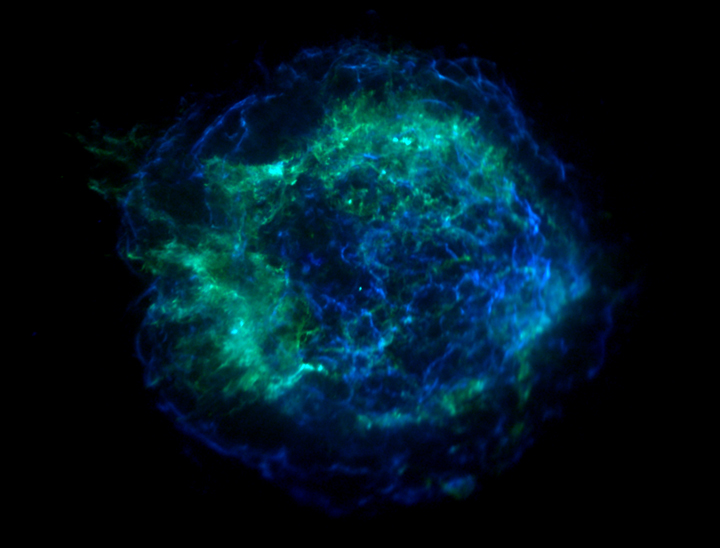 Chandra X-ray Observatory image of Cassiopeia A supernova remnant showing a colorful expanding shell of hot gas