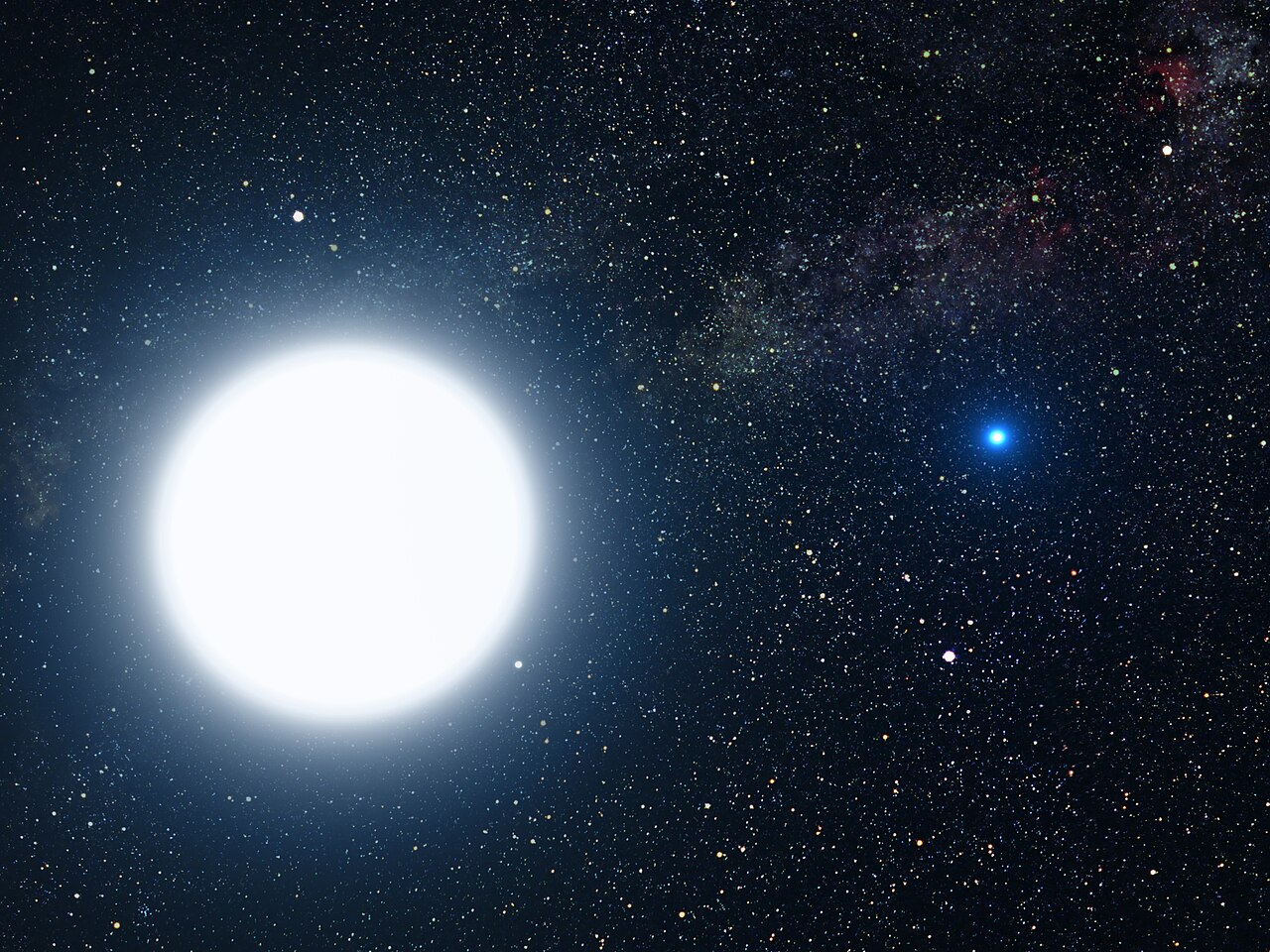 This picture is an artist's impression showing how the binary star system of Sirius A and its diminutive blue companion, Sirius B, might appear to an 