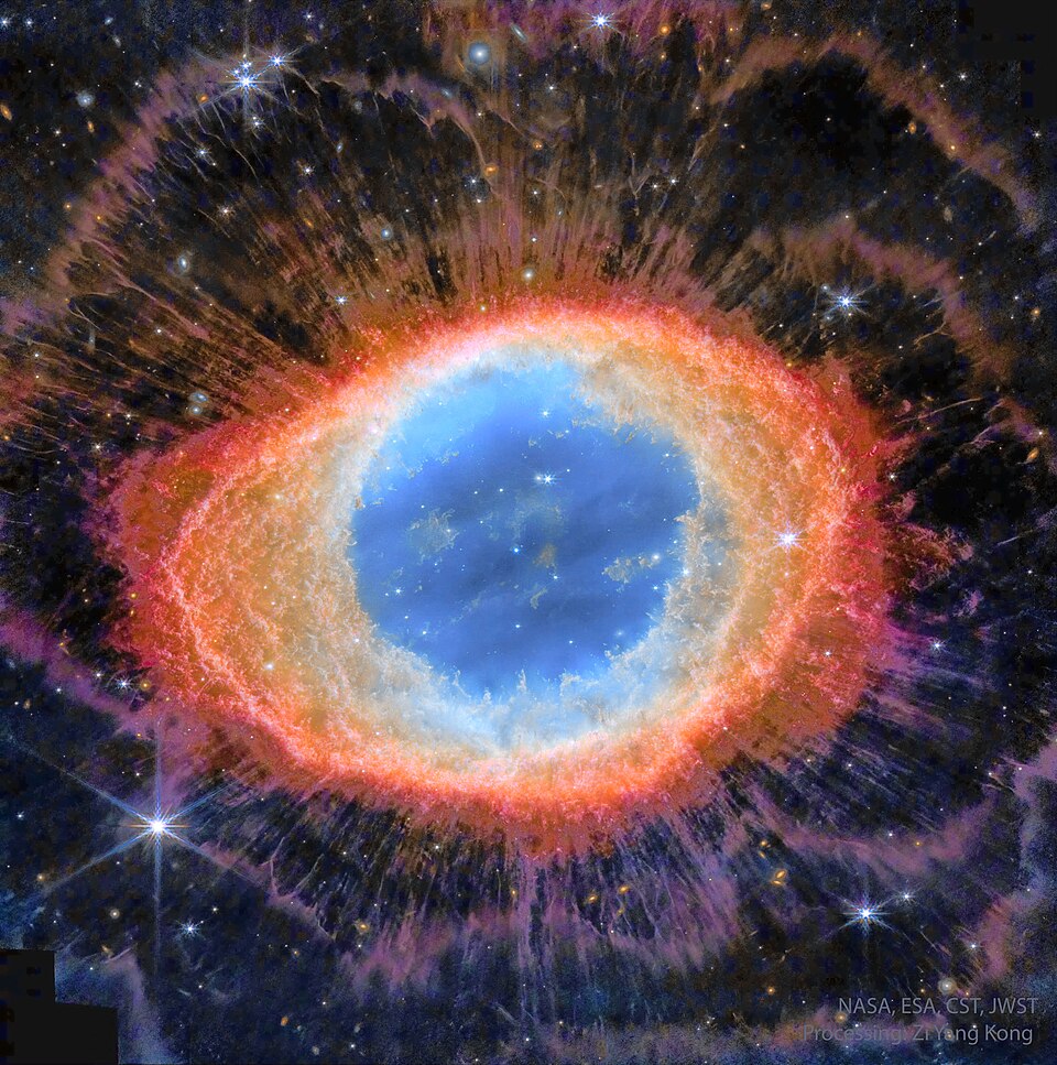 The Ring Nebula (M57) as seen by the James Webb Space Telescope and Hubble Space Telescope