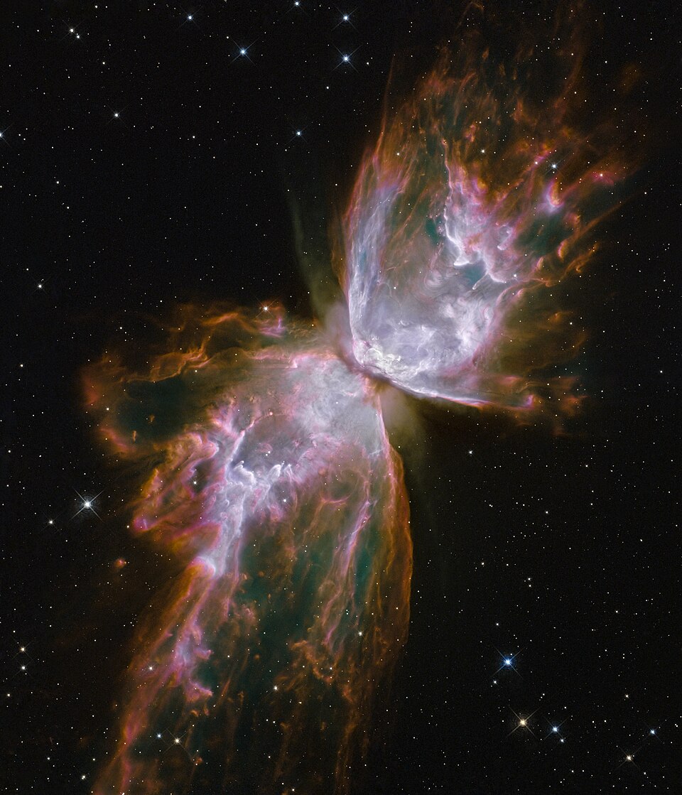 The Butterfly Nebula (NGC 6302), a bipolar planetary nebula imaged by the Hubble Space Telescope