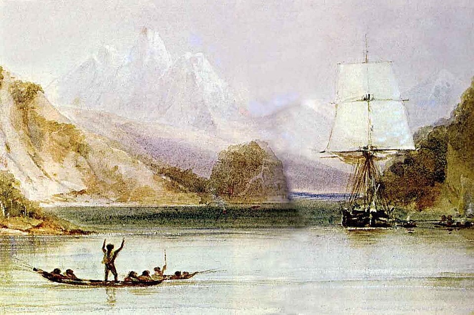 HMS Beagle sailing in the seaways of Tierra del Fuego, painting by Conrad Martens