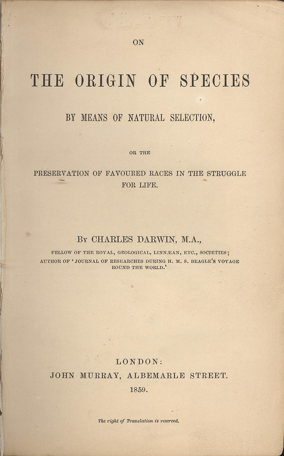Title page of the first edition of On the Origin of Species by Charles Darwin, published by John Murray in 1859