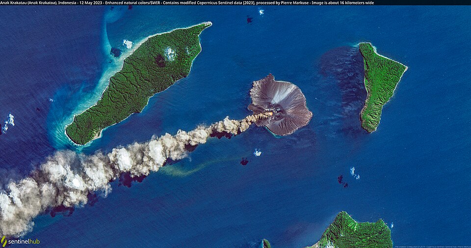 Satellite image of Anak Krakatau, the volcanic island that emerged in the Sunda Strait in 1927, surrounded by remnant islands from the 1883 Krakatau eruption