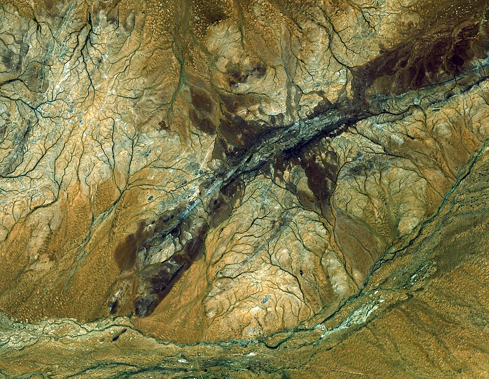 Satellite image of Jack Hills in Western Australia showing ancient rock formations in a semi-arid landscape