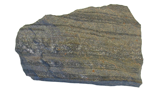 A polished sample of banded iron formation showing alternating layers of red iron oxide and grey silica