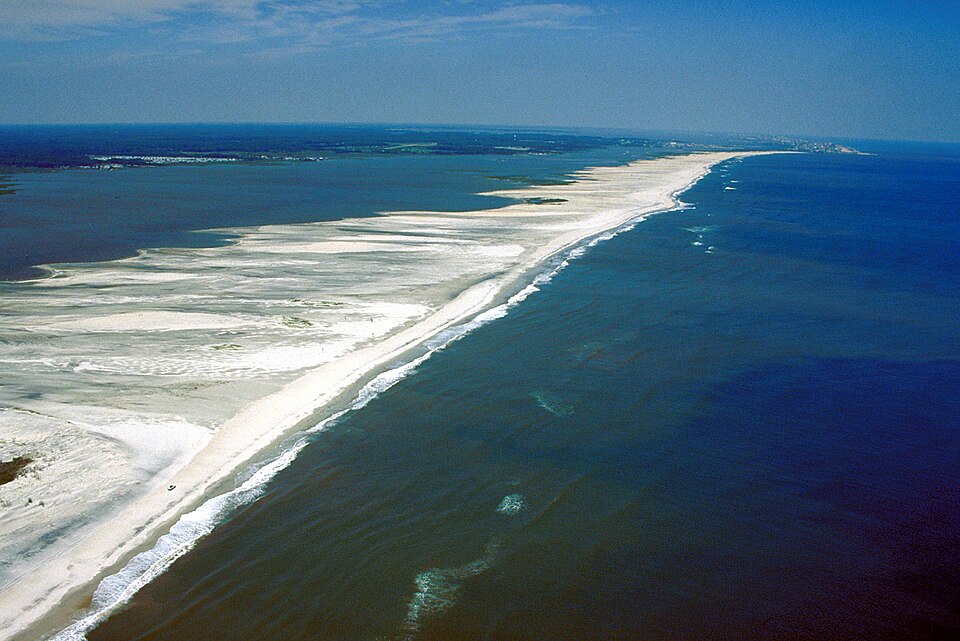Aerial view of Assateague Island, a barrier island along the Atlantic coast of the United States