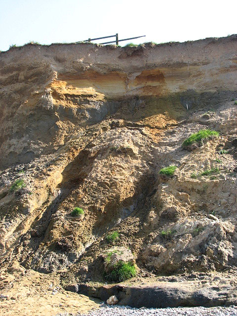 Eroding sea cliff on the Yorkshire coast of England showing undercutting and rock fall debris at the base