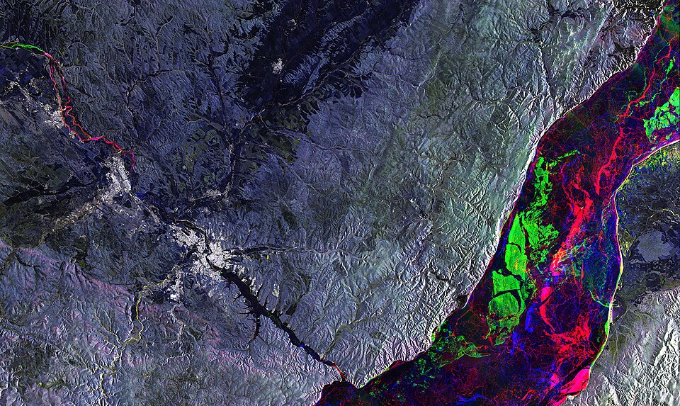 Satellite image of Lake Baikal in Siberia showing the long, narrow shape of the rift lake