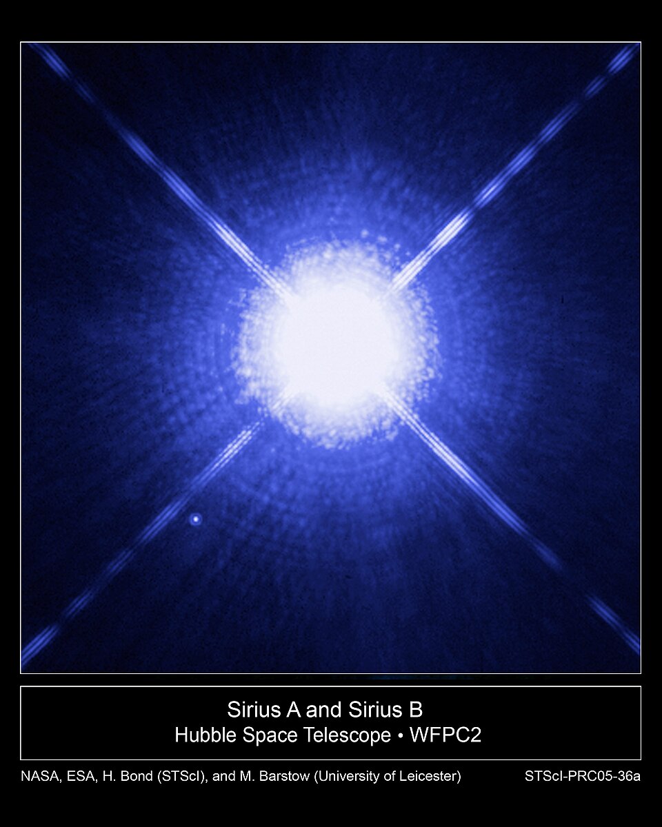 Hubble Space Telescope image of the bright star Sirius A with its tiny white dwarf companion Sirius B visible as a faint point of light nearby