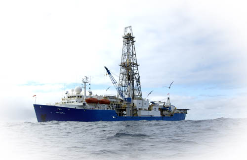 A research vessel used for deep-sea drilling to recover sediment cores from the ocean floor
