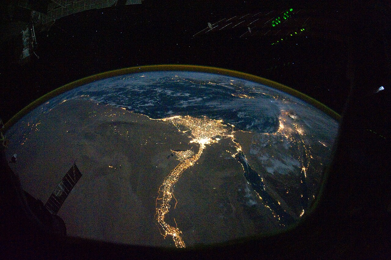 A satellite image of the Nile River delta showing its fan-shaped sediment deposit