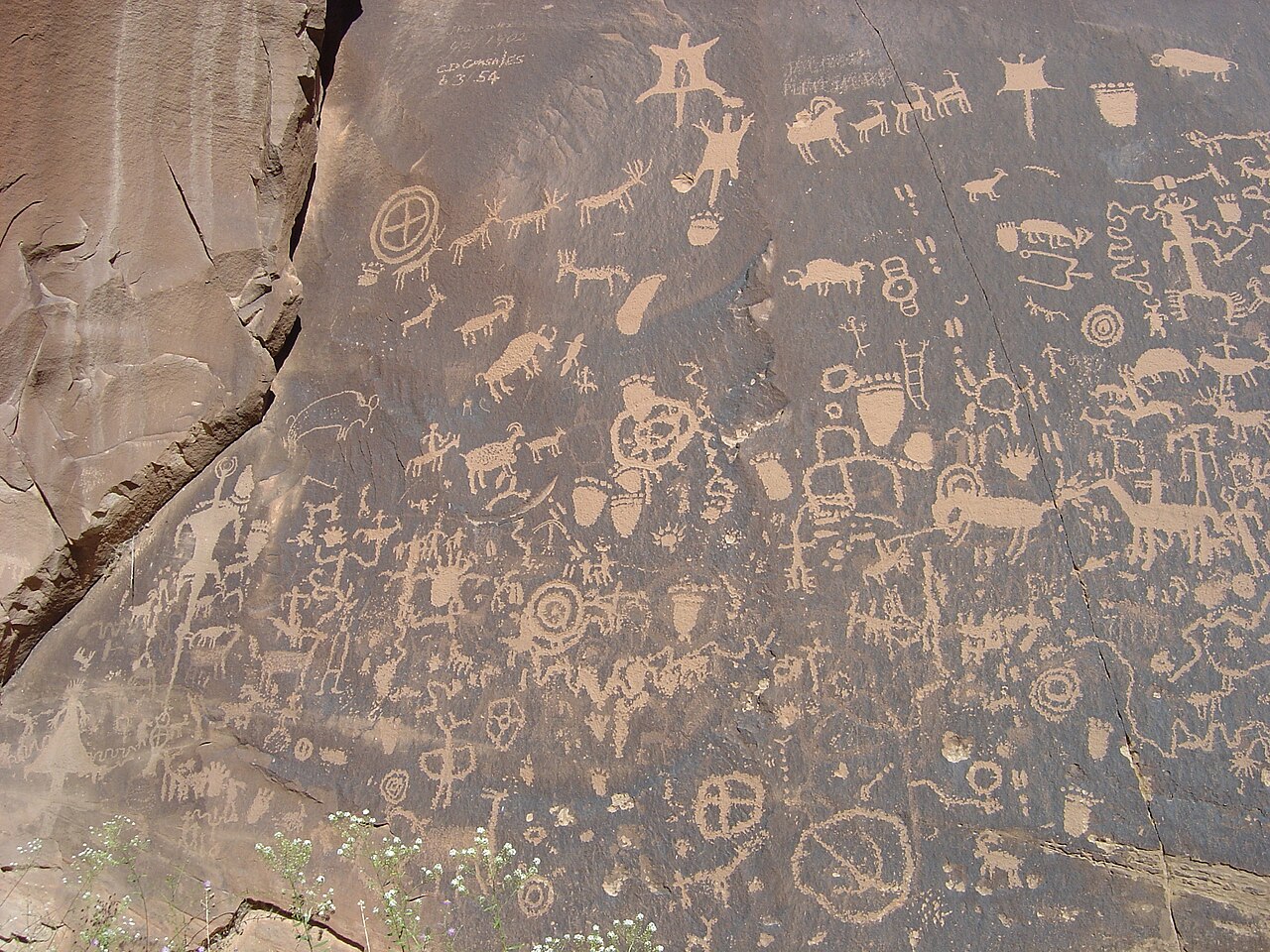 A rock surface coated with dark desert varnish showing lighter-colored petroglyphs where the varnish has been removed