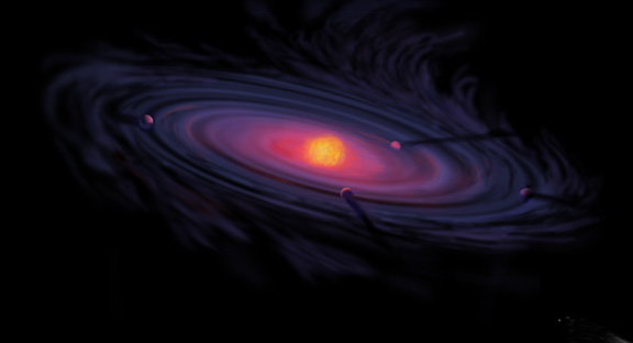 An artist's impression of the early Earth forming through accretion in the protoplanetary disk