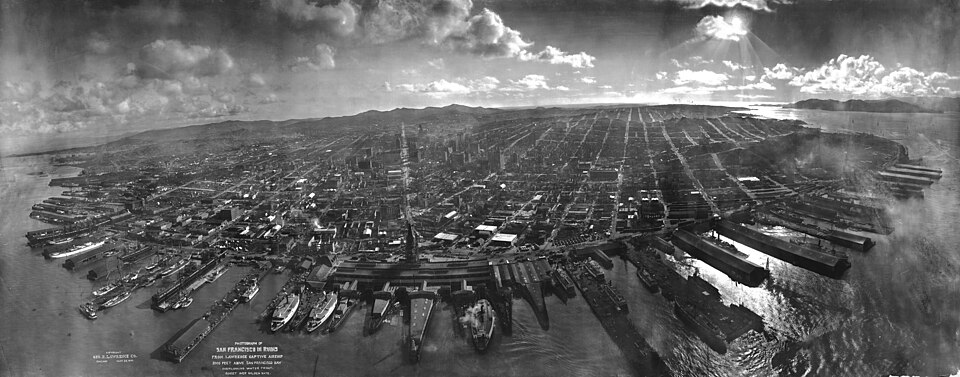 Aerial kite photograph of San Francisco in ruins six weeks after the April 1906 earthquake and fire