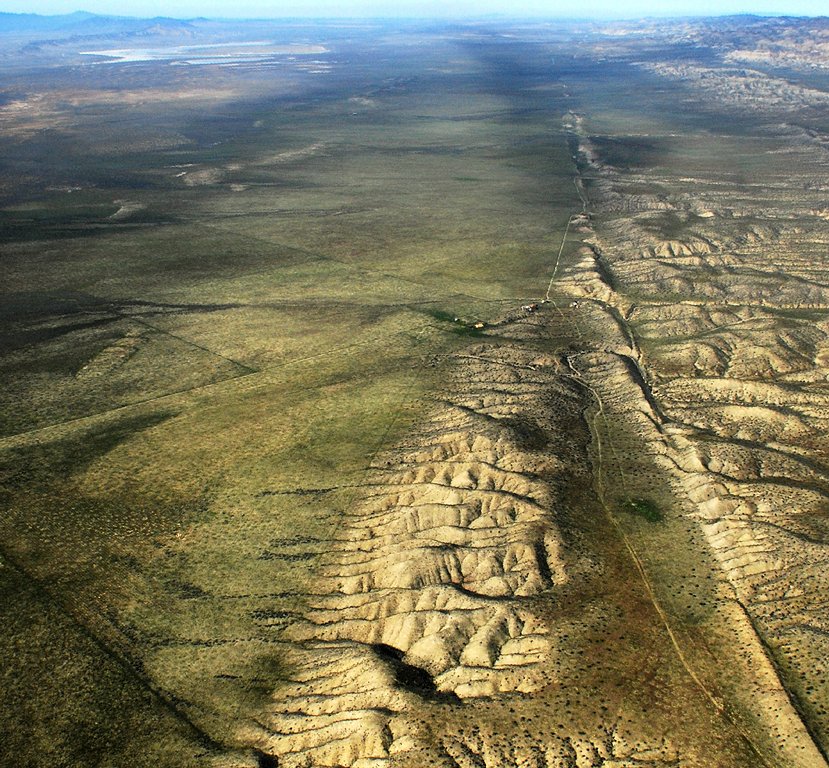 Aerial photograph looking northwest along the San Andreas Fault across the Carrizo Plain in California, with Soda Lake visible in the upper left