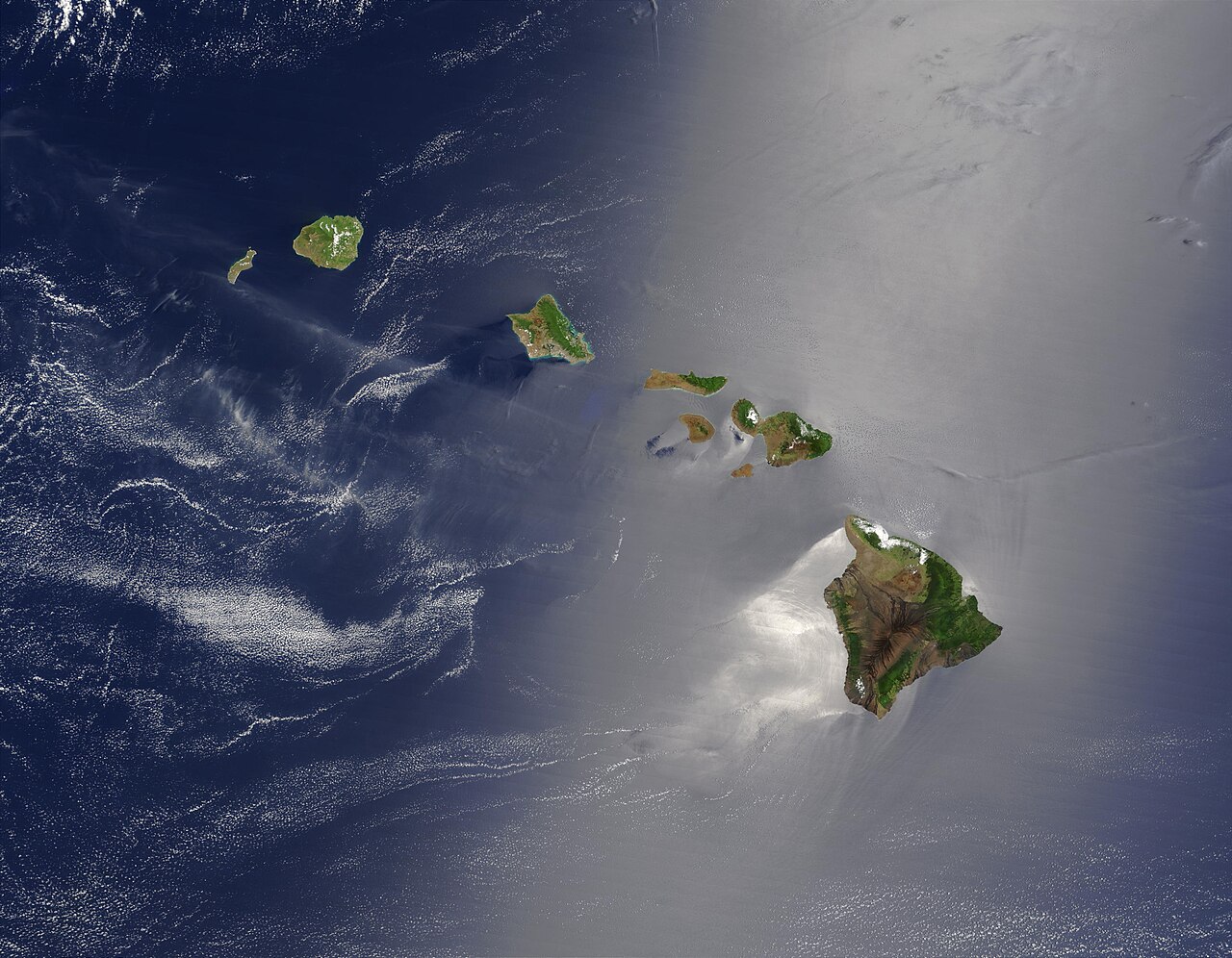 An aerial view of the Hawaiian Islands showing the volcanic island chain formed by a mantle hotspot