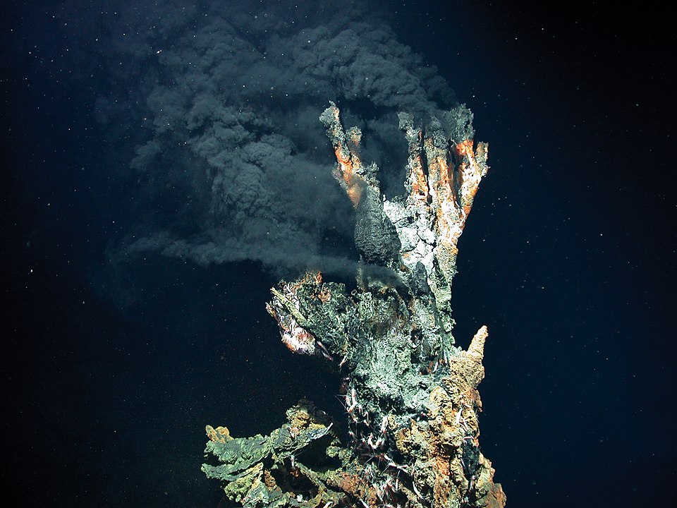 A black smoker chimney discharging superheated, dark mineral-laden fluid at the Logatchev Hydrothermal Field on the Mid-Atlantic Ridge