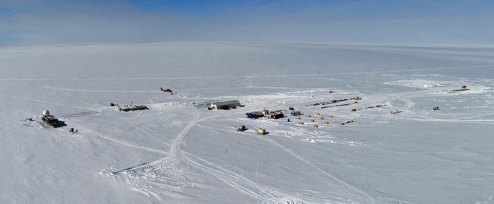 Aerial view of Summit Camp, the ice core drilling research station at the highest point of the Greenland ice sheet