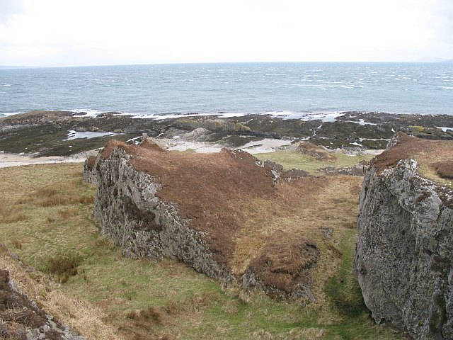 Raised beach at Rubh'a' Mhail on the island of Islay, Scotland, showing former shoreline elevated above current sea level due to post-glacial isostatic rebound