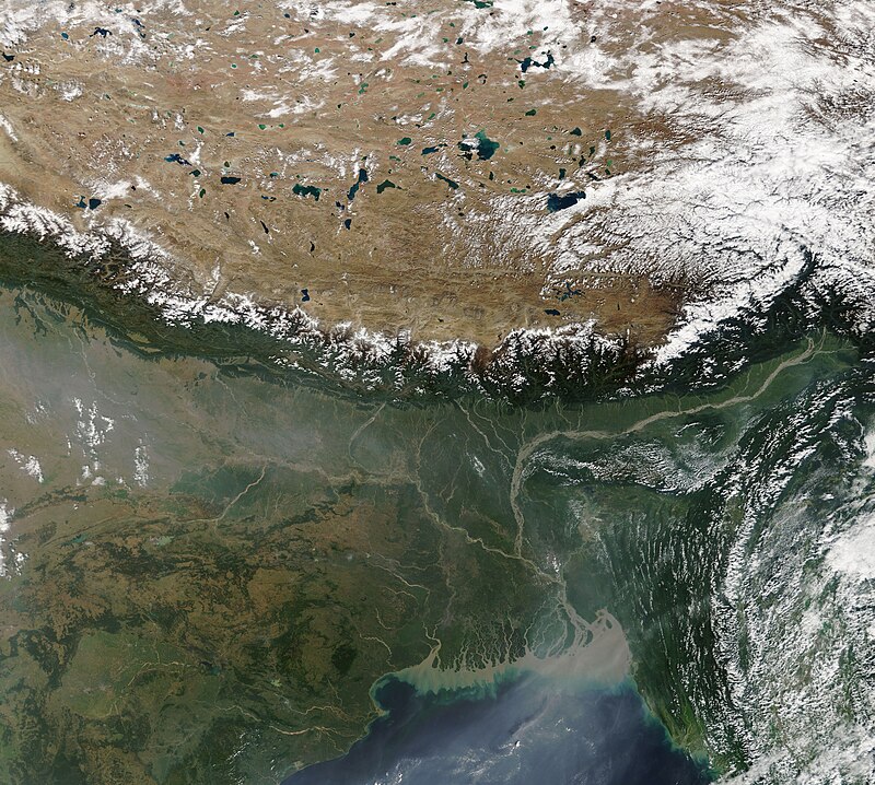 Satellite image of the Tibetan Plateau, Himalaya Mountains, and Indo-Gangetic Plain taken by NASA MODIS in October 2018