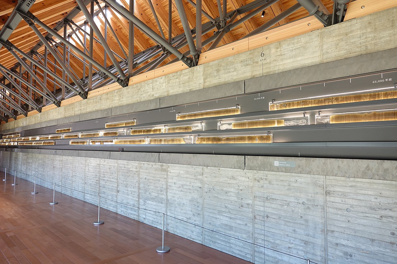 A core sample from Lake Suigetsu in Japan showing finely laminated annual sediment layers