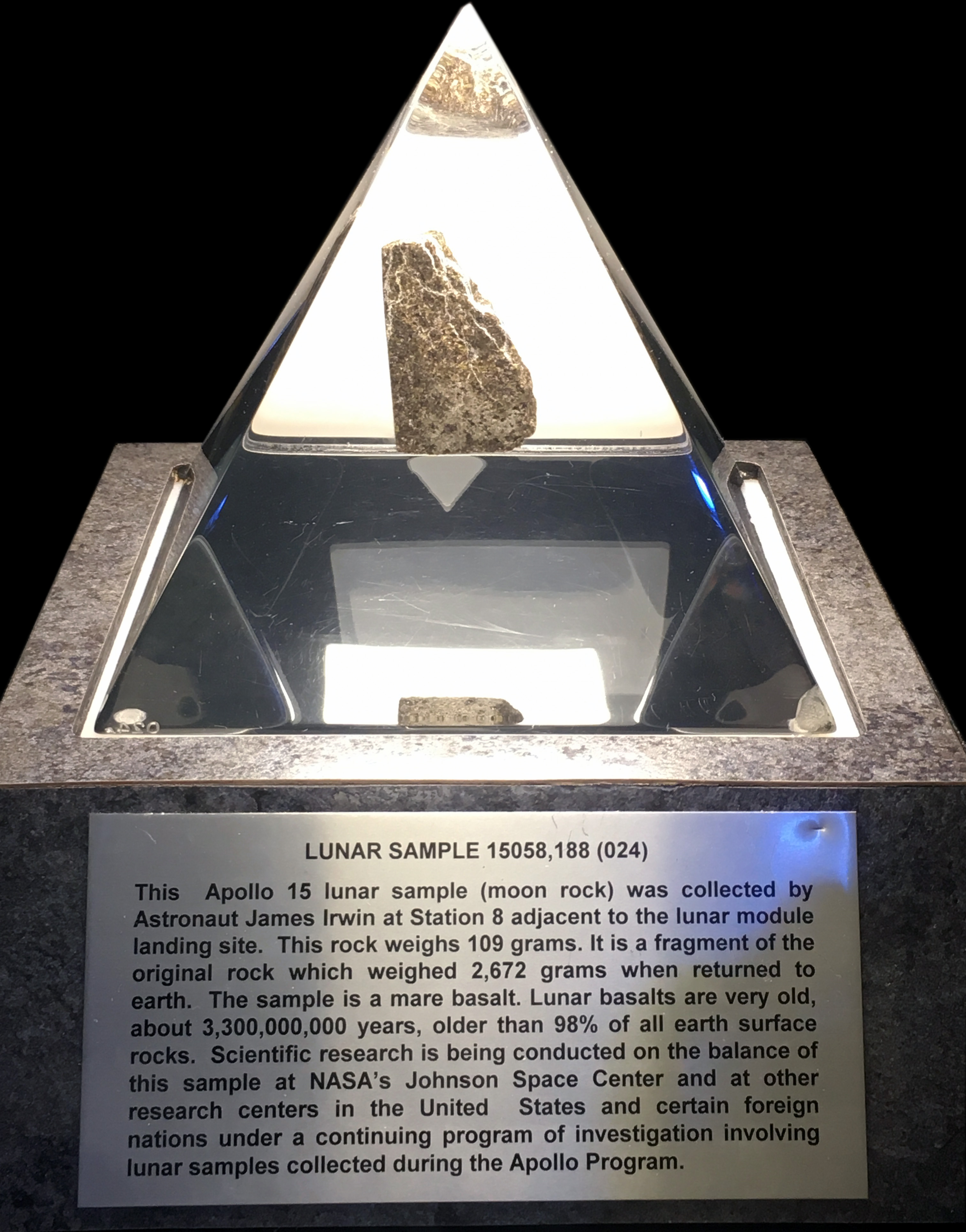 A hand-sized lunar rock sample collected by the Apollo 15 mission