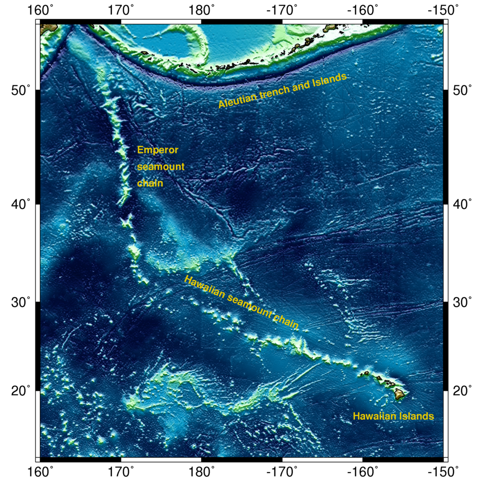 Map of the Hawaii-Emperor seamount chain showing seafloor topography across the North Pacific