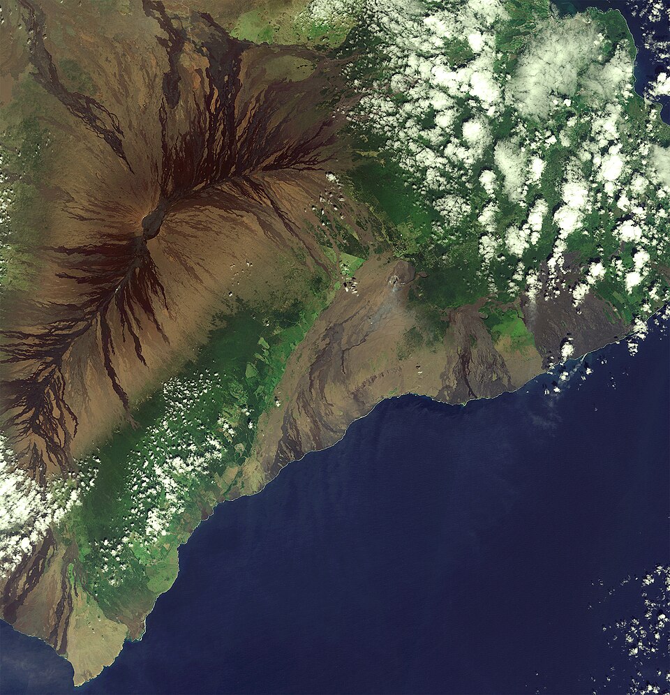 Satellite image of the Big Island of Hawaii showing volcanic terrain