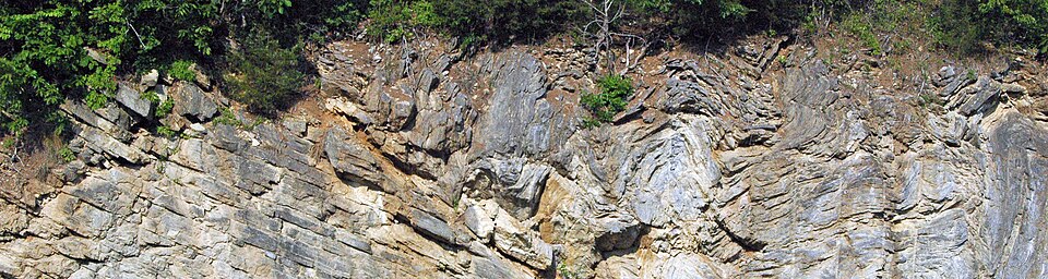 Oblique aerial view of the Copper Creek Thrust Fault in northeastern Tennessee, showing displaced rock masses in the Appalachian Mountains