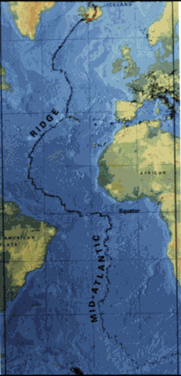 A bathymetric map showing the Mid-Atlantic Ridge running through the centre of the Atlantic Ocean