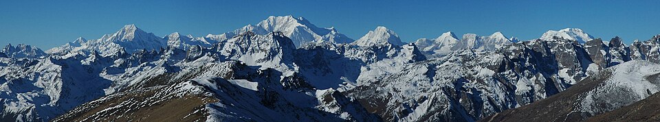 Panoramic view of the Kangchenjunga range in the Himalayas seen from Sikkim