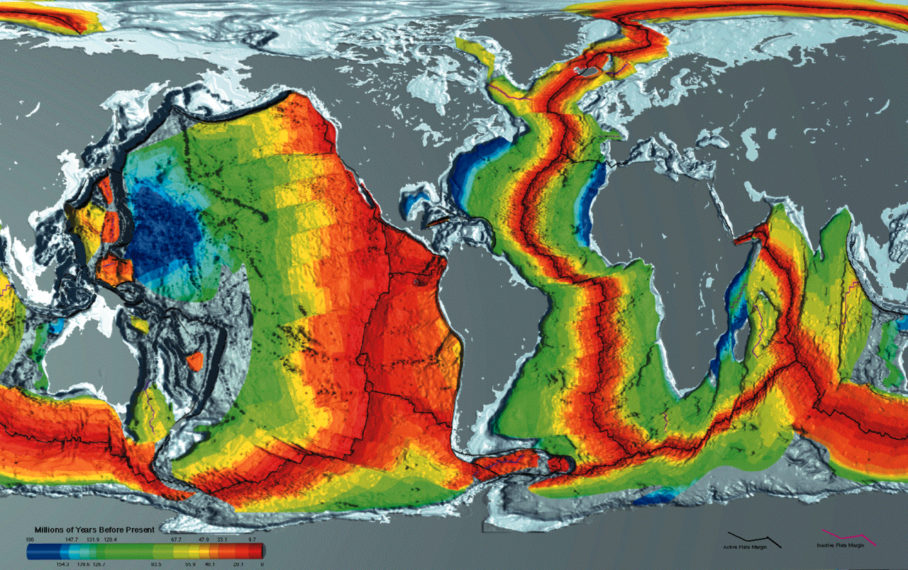 A map of the ocean floor showing the age of oceanic crust increasing with distance from mid-ocean ridges