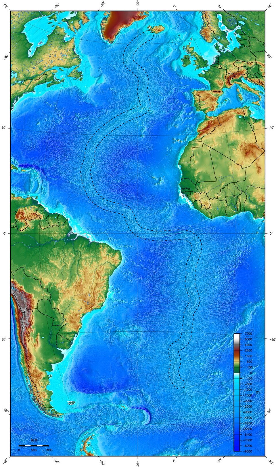Bathymetric map of the Mid-Atlantic Ridge showing the submarine mountain chain running through the centre of the Atlantic Ocean