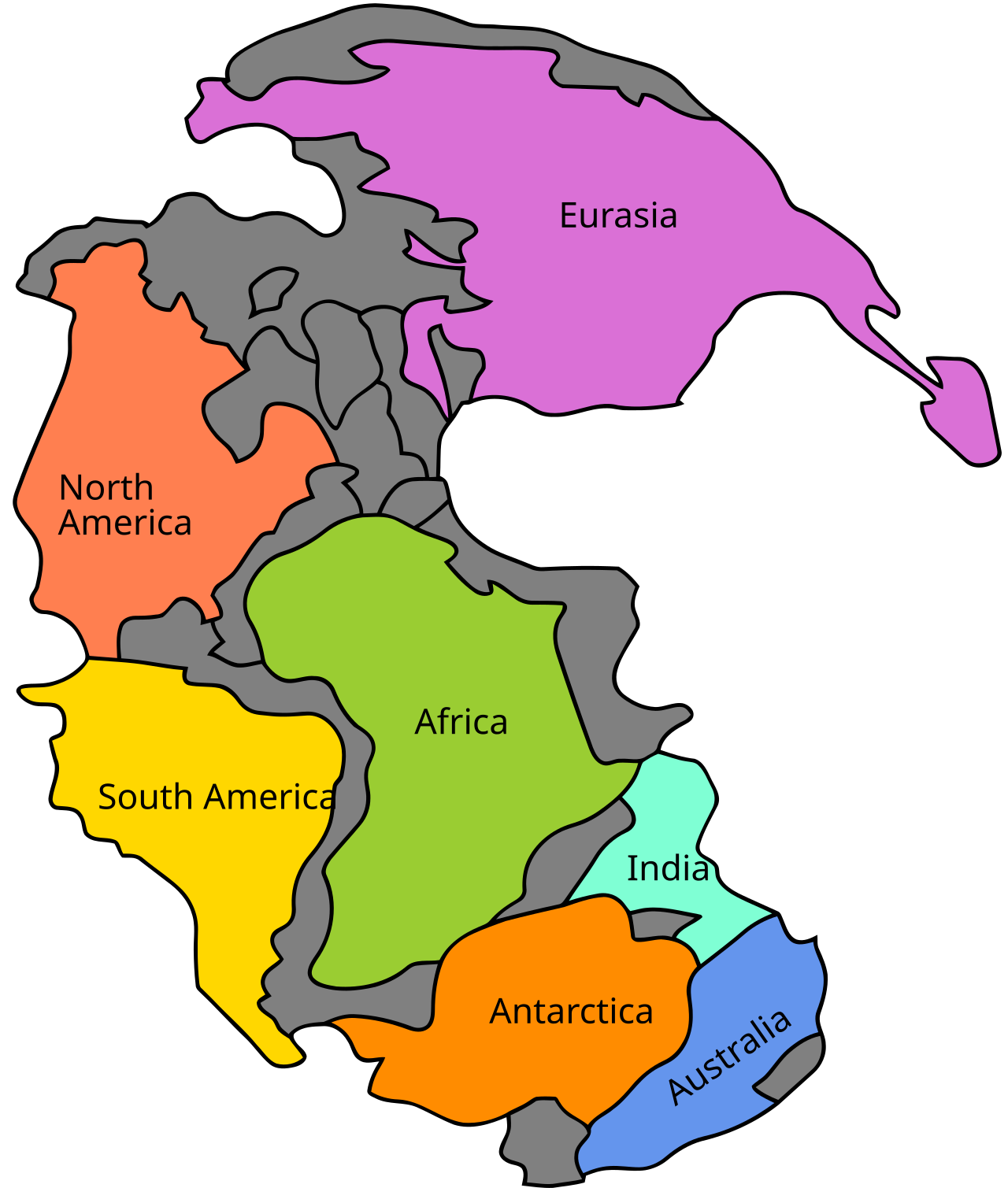 A reconstruction of the supercontinent Pangaea showing all major landmasses joined together