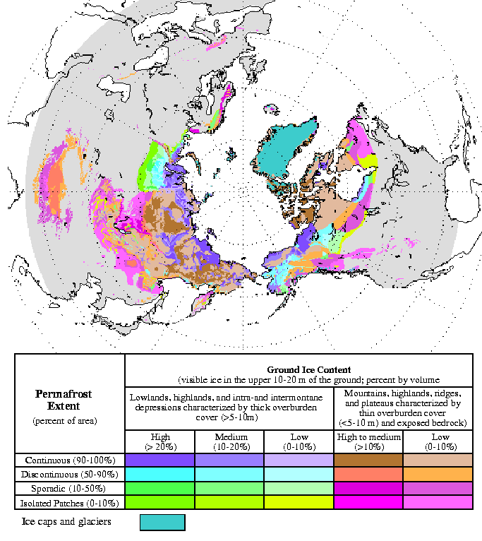 Circum-Arctic map of permafrost and ground ice conditions, showing continuous, discontinuous, sporadic, and isolated patches zones across the Northern Hemisphere